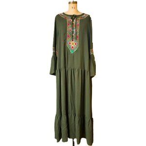 Maxi boho flounce sleeve embroidery applique drop waist flounce sleeve dress